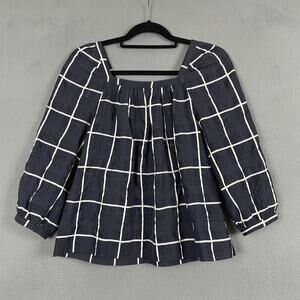 Drake's for J Crew Shirt Womens 4 Navy Blue White Windowpane Plaid Sheer Top